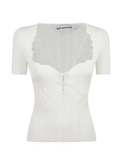 Self-portrait Lace Ribbed Blouse In White