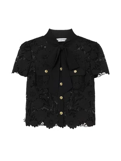 Self-portrait Bow-detail Lace-panelled Top In Black