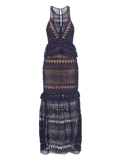 Pre-owned Self-portrait Lace Tiered Maxi Dress In Blue