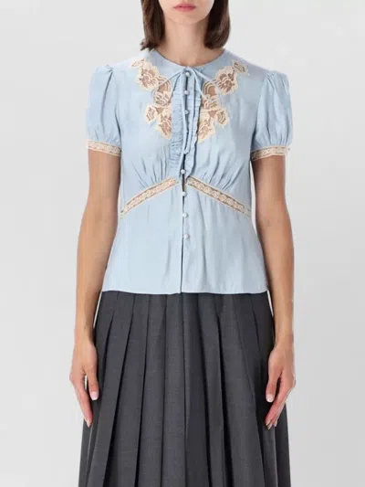 Self-portrait Lace Top Puff Sleeves Embroidered Accents In Blue
