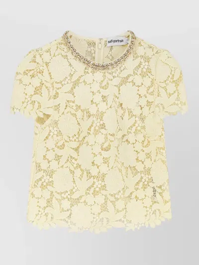 Self-portrait Lace Top Short Sleeves Floral Neckline In Yellow