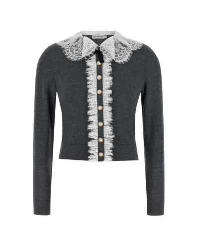Self-portrait Lace Trim Cropped Knit Cardigan In Merino Wool - Grey