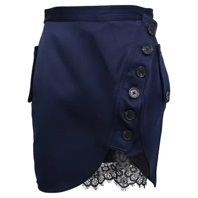 Self-portrait Lace Trim Satin Buttoned Mini Skirt In Navy Blue Polyester