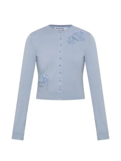 Self-portrait Lace-appliqué Button-up Cardigan In Blue