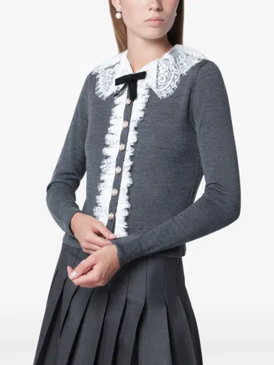 Self-portrait Knit Top Long Sleeves Lace Collar Bow In Gray