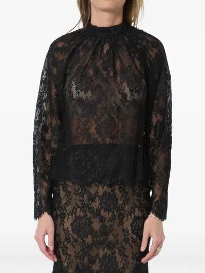 Self-portrait Lace Blouse High Neck Long Sleeves In Brown