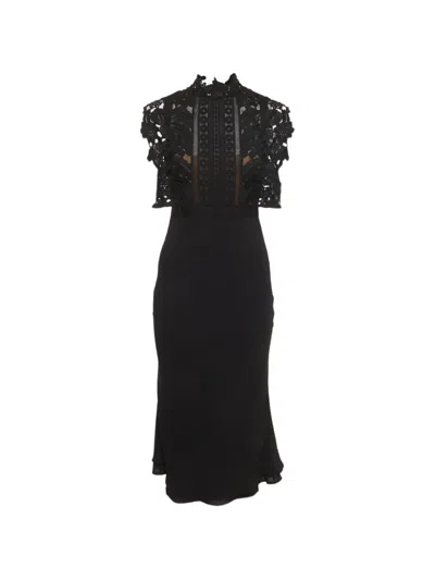Pre-owned Self-portrait Lace-detail Crepe Midi Dress In Black