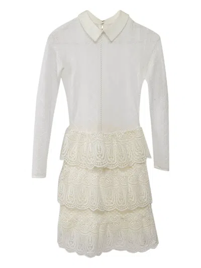 Pre-owned Self-portrait Lace-detail Tiered Mini Dress In Neutral