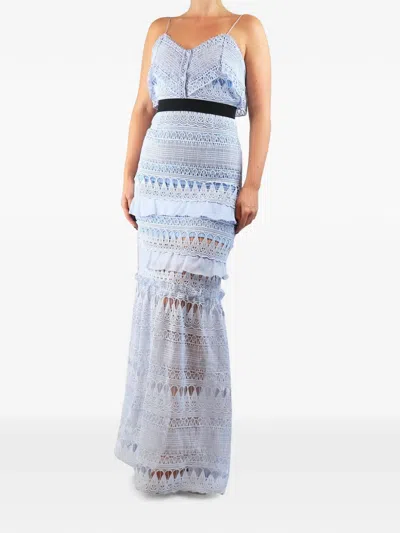 Pre-owned Self-portrait Lace-embroidered Tiered Maxi Dress In Blue