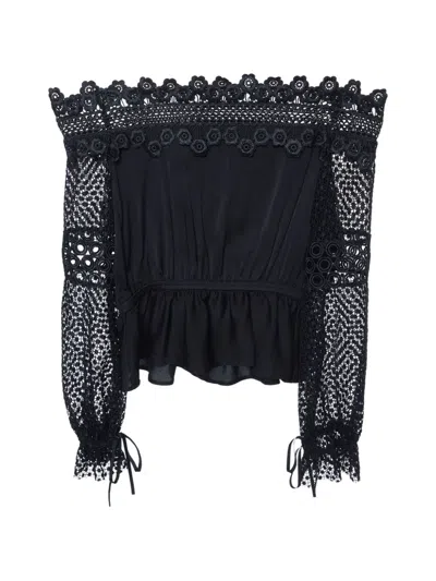 Pre-owned Self-portrait Lace-panel Off-shoulder Blouse In Black