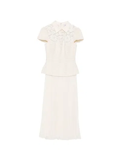 Self-portrait Lace-panelled Pleated Midi Dress In Neutral