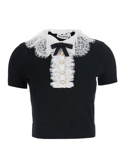 Self-portrait Lace-trim Collar Wool Top With Button Front In Black
