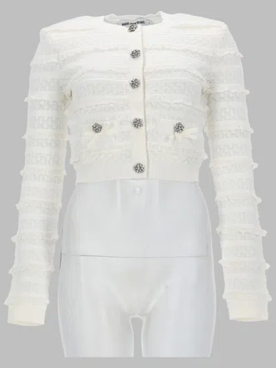 Self-portrait Lace-trim Cropped Cardigan With Jewel Buttons In White