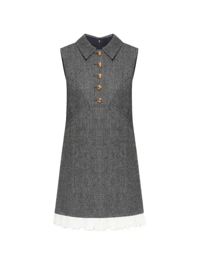 Self-portrait Lace-trim Herringbone Mini Dress In Gray