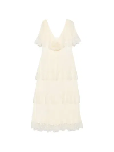 Self-portrait Lace-trim Pleated Midi Dress In Yellow