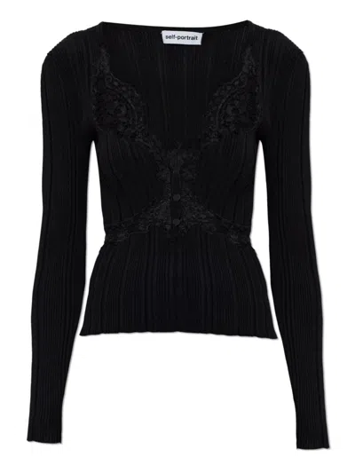 Self-portrait Lace-trim Ribbed Knit Cardigan Top In Black