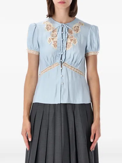 Self-portrait Lace-trim Ruffled Blouse In Blue