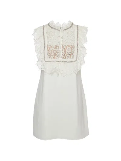 Pre-owned Self-portrait Lace-trim Ruffled Mini Dress In White