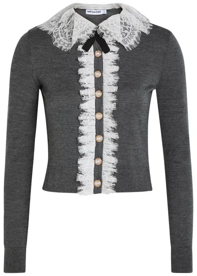 Self-portrait Lace-trim Wool Cardigan In Gray