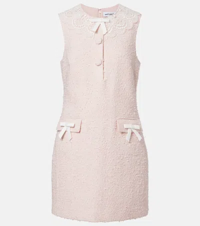 Self-portrait Textured Boucle Mini Dress With Lace Collar And Bow Accents In Gray