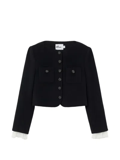 Self-portrait Cropped Structured Jacket With Lace-trimmed Cuffs In Black