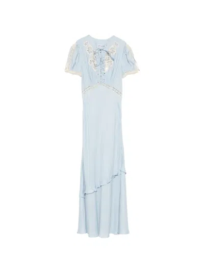 Self-portrait Ruffled Lace-trim Midi Dress In Blue