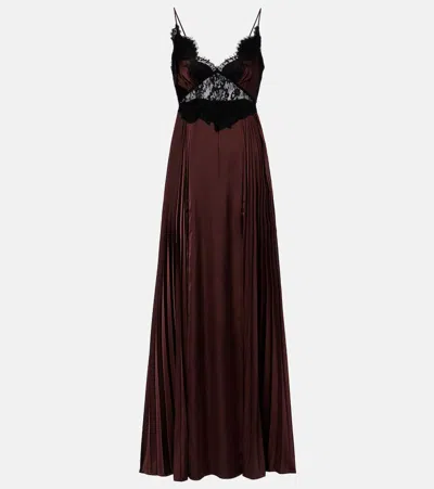 Self-portrait Dress Brown Satin Lace Insert Maxi Dress With Brown Lace Inserts