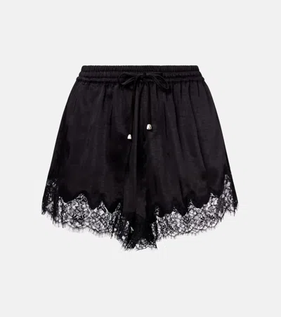 Self-portrait Lace-trimmed Satin Shorts In Black