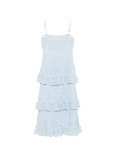 Self-portrait Lace-trimmed Tiered Midi Dress In Blue