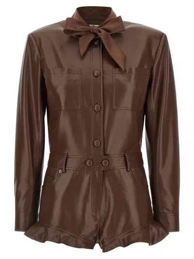 Self-portrait Leather Effect Jumpsuit In Brown