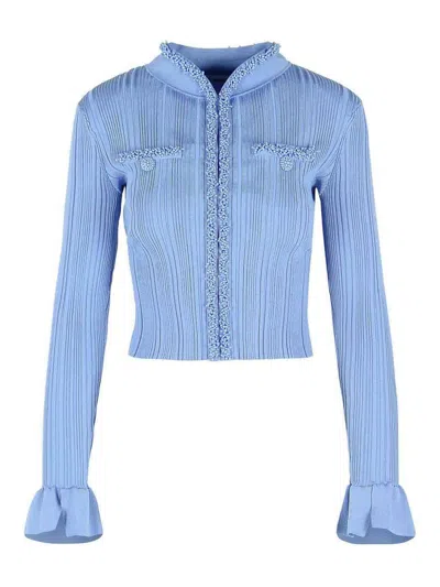 Self-portrait Light Blue Cardigan With Pearl Trim For Women