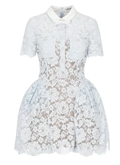 Self-portrait Light Blue Floral Lace Midi Dress With Bow Collar In White