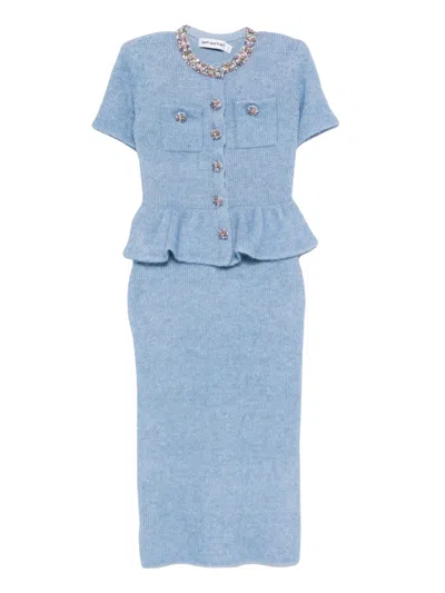 Self-portrait Light Blue Knit Midi Dress With Rhinestone Embellishments And Removable Shoulder Pads