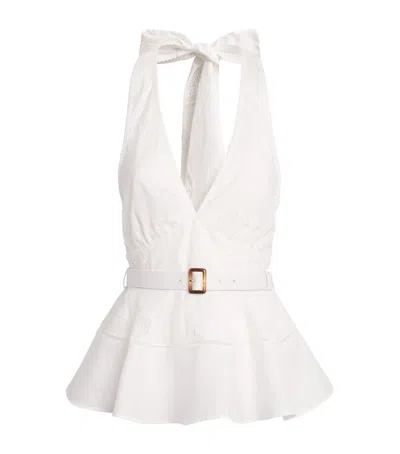 Self-portrait Belted Embroidered Linen And Cotton-blend Peplum Top In White