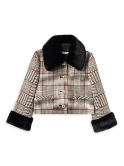 Self-portrait Little Girl's & Girl's Check Faux Fur-trimmed Jacket In Brown