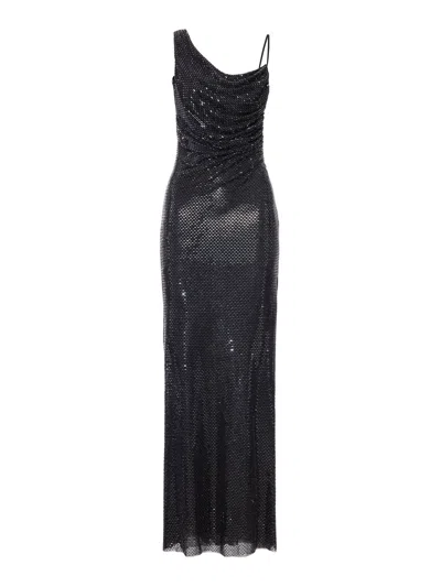 Self-portrait Long Black Draped Dress With Rhinestone