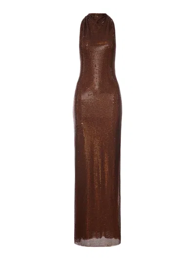 Self-portrait Long Brown Dress With Rhinestone And Halter Neckline