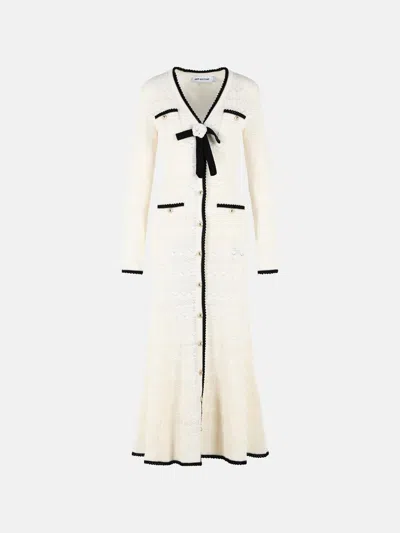 Self-portrait Long Cardigan In White Cotton Blend Openwork Knit