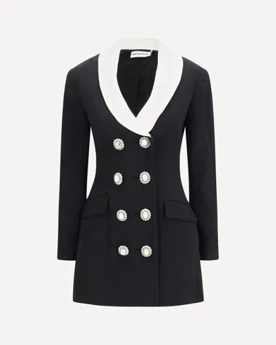 Self-portrait Long Double-breasted Blazer With Contrast Neckline In Black