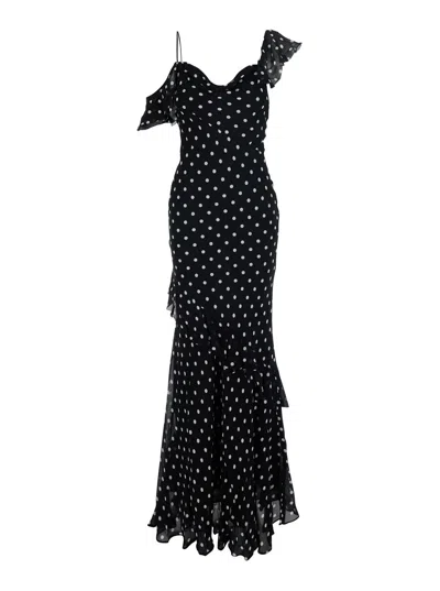 Self-portrait Long Dress Black Polka Dot With V-neck In Black Georgette For Women In Multi