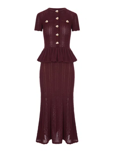 Self-portrait Long Dress In Openwork Knit With Peplum And Jewel Buttons In Burgundy