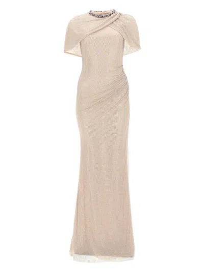 Self-portrait Long Dress With Crystals In Neutral