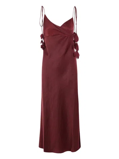 Self-portrait Bordeaux Long Dress With Knotted Shoulder Straps And Floral Details In Fabric Woman In Brown
