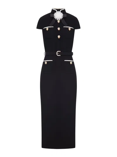 Self-portrait Long Dress With Jewel Buttons And Belt In Black