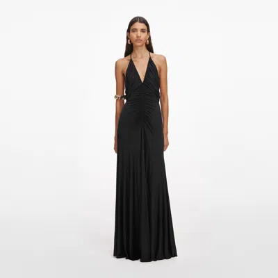 Self-portrait Gathered Black Jersey Maxi Dress With Deep V-neckline