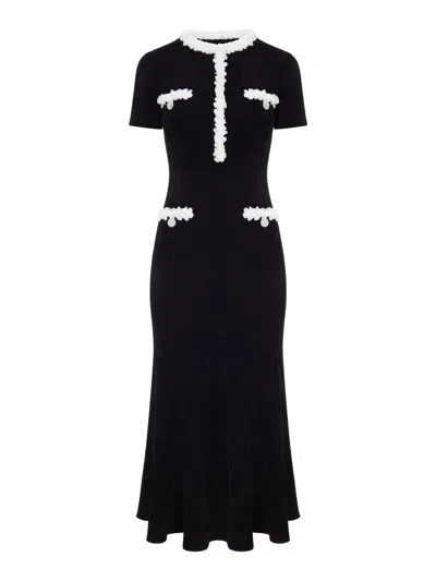 Self-portrait Long Ribbed Knit Dress With Contrasting Floral Profiles In Black