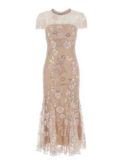 Self-portrait Long Sequin Dress With Round Neck And Short Sleeves In Neutral