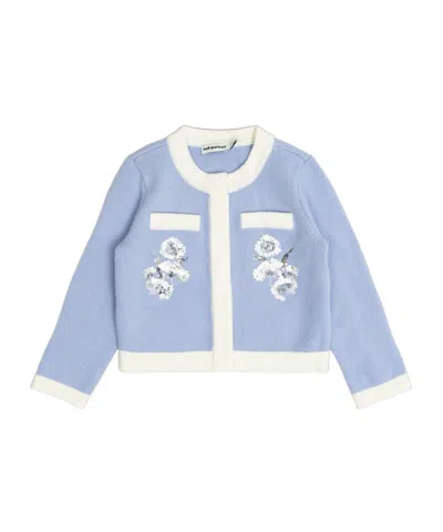 Self-portrait Long-sleeved Knitted Cardigan In Blue