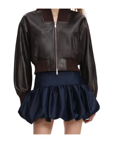 Self-portrait Ribbed Leather Bomber Jacket In Brown