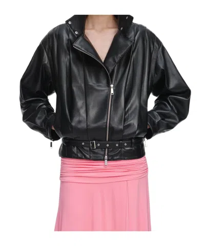 Self-portrait Long-sleeved Leather Jacket In Black